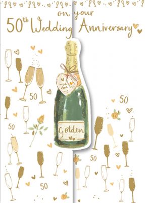 Wedding Anniversary Card - 50th Fiftieth Golden Champagne 3 Fold - Trio Ling Design
