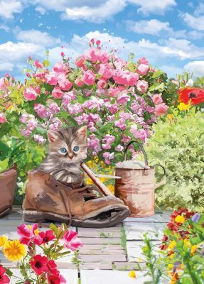 Birthday Card - Tabby Kitten Boot Watering Can - Country Cards