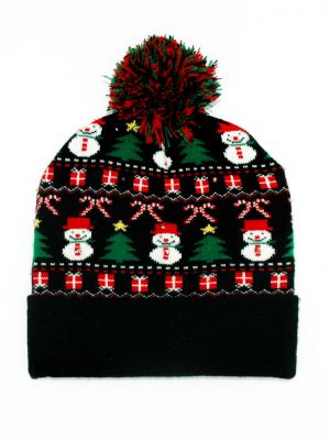 Snowman Black Christmas Beanie Hat Light Up - Free Holly Gift Bag - Snazzy Santa