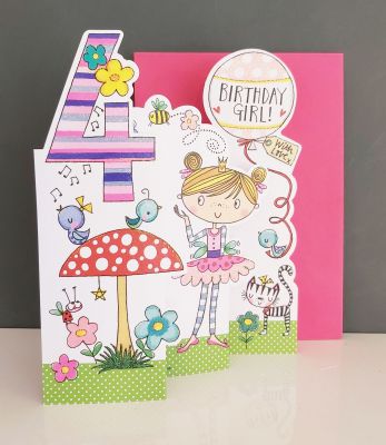 4th Birthday Card - Girl Kids - Fairy - 3 Fold Glitter Die-cut - Whippersnappers