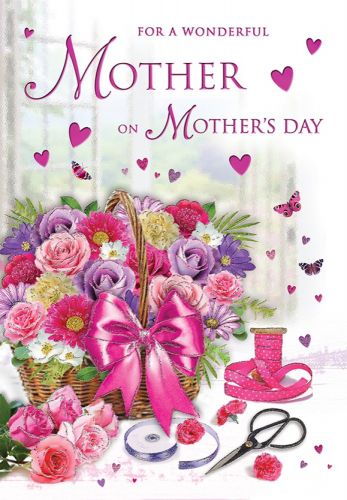 Mother's Day Card - Wonderful Mother - Basket Flowers - Glitter - Regal