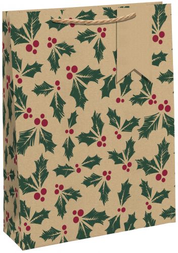 Christmas Holly Kraft Small Gift Bag - 100% Recyclable - Eurowrap 12.5x20x9cm