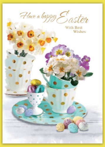 Easter Card - Happy Easter Best Wishes - Tea Cups Eggs