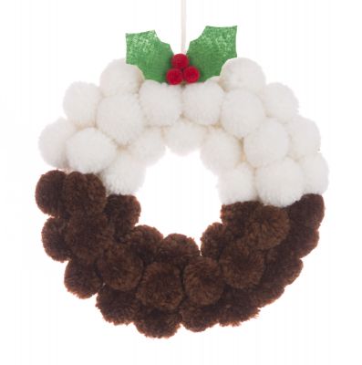 Christmas Pudding Pom Pom Wreath - 27cm - Floralsilk