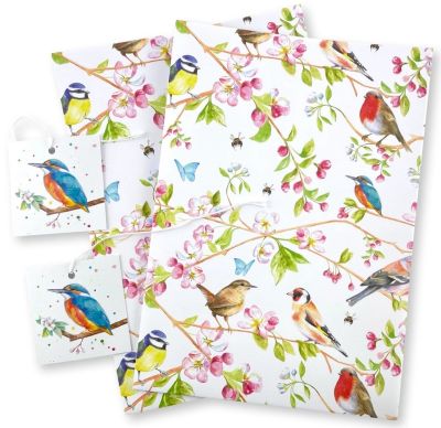 Garden Birds in Blossom Wrapping Paper 2 Sheets & Tags - Arty Penguin