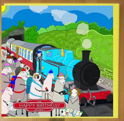 Birthday Card - Blue Steam Train Railway - Sheep - Amy Whelan 