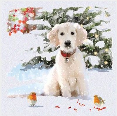 Christmas Card Pack - 5 Cards Puppy Dog in the Snow Glittered Ling Design