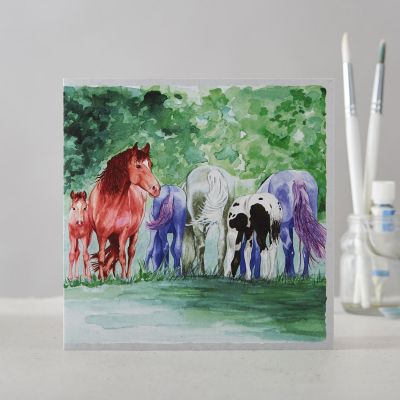 Greetings Card Open - Mares & Foals Horse Pony Watercolour