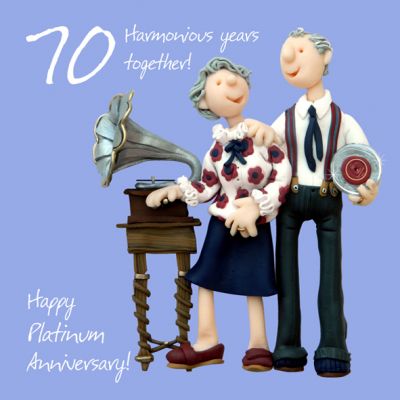 Wedding Anniversary Card - 70th Seventieth 70 Years Platinum Gramophone One Lump Or Two