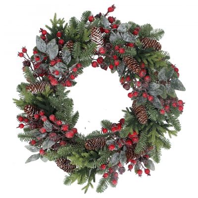 Fir Cones Red Berry Mixed Round Wreath Artificial Faux Decoration - Gisela Graham