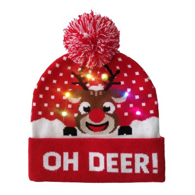 Oh Deer! Reindeer Beanie Hat Light Up - Free Holly Gift Bag - Snazzy Santa