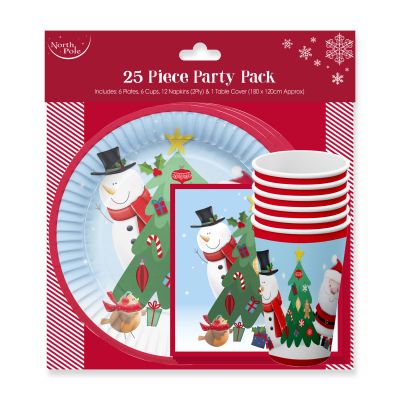 Christmas Party Table Set - 6 Person - 25 Items - Plates, Cups, Napkins, Table Cover