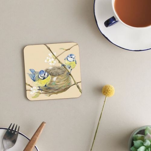 Blue Tits Nesting Bird Coaster - Deckled Edge