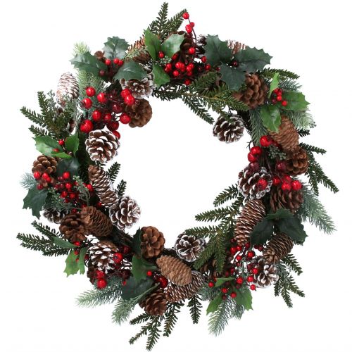 Fir Leaf Snowy Cones Red Berry Round Wreath Artificial Faux Decoration - Gisela Graham