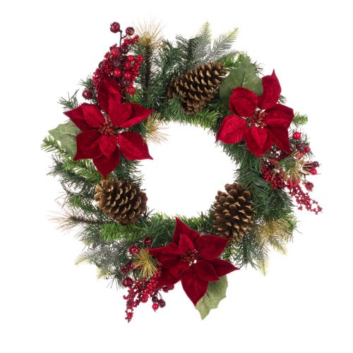 Poinsettia Red Velvet Berry Pine Wreath - 35cm - Floralsilk