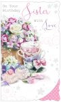 Birthday Card - Sister Flowers & Tea Cups - Glitter Out of the Blue